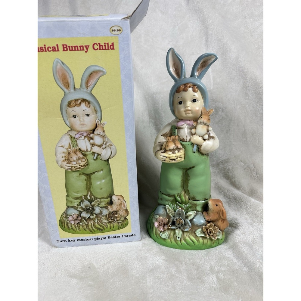 VTG Bethany Lowe Boy Rabbit Ears Easter Parade Music Box, Works. Original Box.